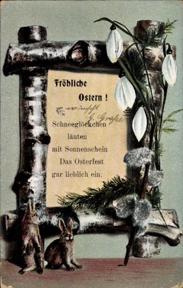 Ak Glückwunsch Ostern, Osterhasen, Weidenkätzchen, Schneeglocken