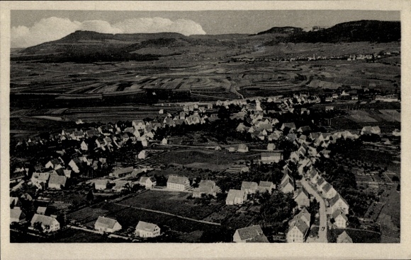 Postcard Aldingen in Württemberg, aerial view of many houses, surrounding fields and mountains