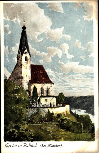 Kunstenaarsbriefkaart Diemer, Zeno, Pullach in Beieren, kerk