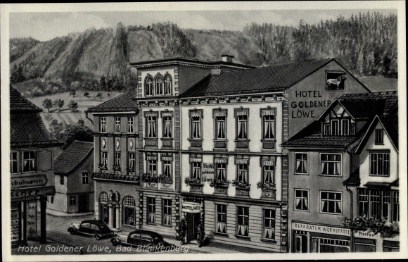 Ansichtkaart Bad Blankenbrug Schwarzatal, Thüringen, gedeeltelijk zicht, Hotel Goldener Löwe, reparatiewerkplaats