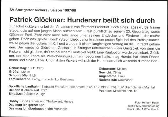 Karta autografu piłkarza Patricka Glöcknera, SV Stuttgarter Kickers, autograf