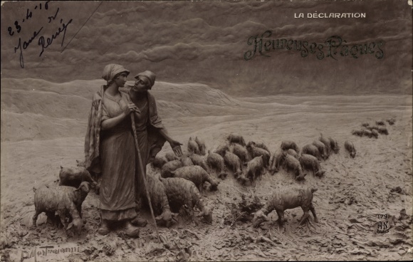 Postcard plastic by Domenico Mastroianni, Happy Easter, plastic La Declaration, shepherd, flock of sheep