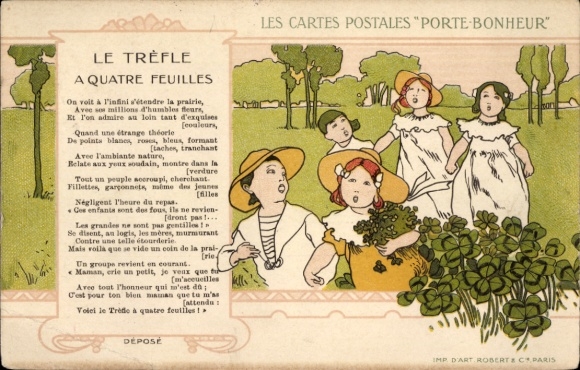 Ak Singende Kinder, Glücksklee, Gedicht, Le Trefle a Quatre Feuilles
