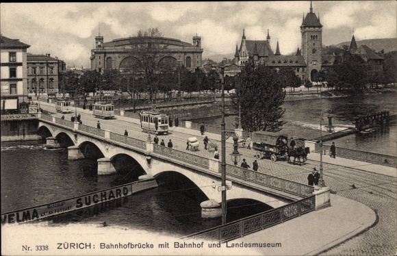 PC Zürich Stadt Schweiz, train station bridge, train station, state museum, trams