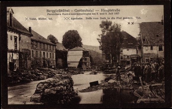 Ak Berggiesshübel in Saksen, Gottleubatal, Vreselijke overstromingsramp, 1927, ruïnes