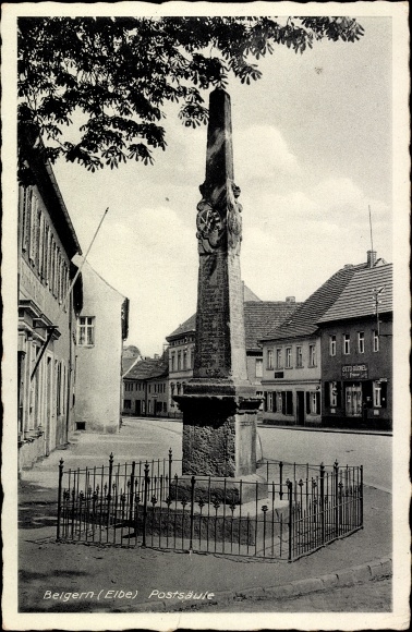 Postcard Belgern in Saxony, postal column, hairdresser, owner Otto Cückel