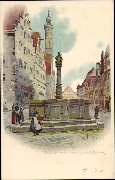 Kunstenaar litho Rothenburg ob der Tauber Midden-Franken, fontein in Herrengasse, Meissner & Buch