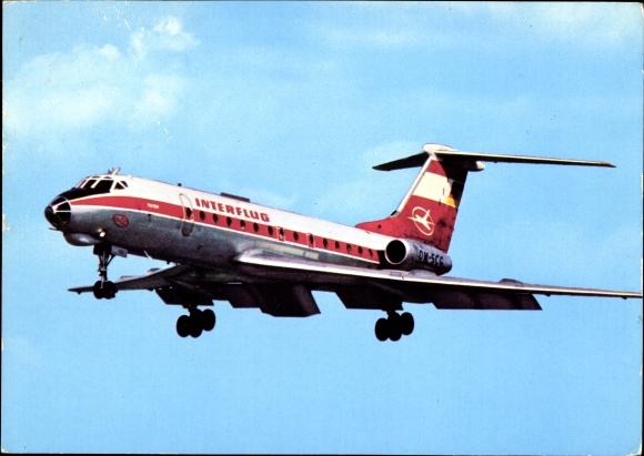 Postcard German passenger aircraft Tupolew TU-134 Interflug, turbine jet airliner