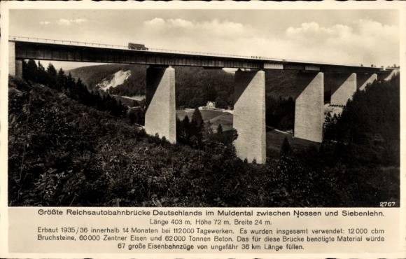 Ak Siebenlehn Großschirma in Sachsen, Größte Reichsautobahnbrücke, Muldental, Nossen,  403m lang,