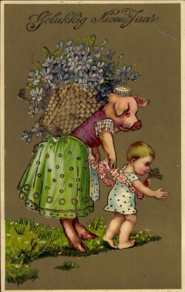 Glitzer Litho Glückwunsch Neujahr, Schwein mit Blumenkorb, Kind, Vergissmeinnicht