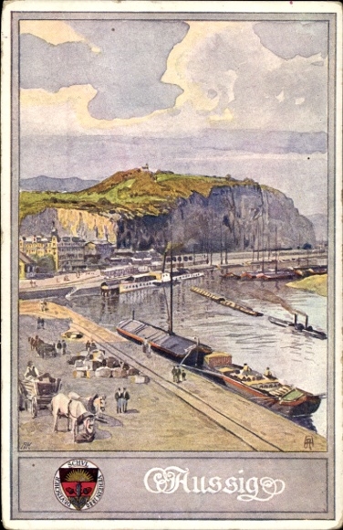 Artist Postcard Aussig, view of the city, harbor, passers-by