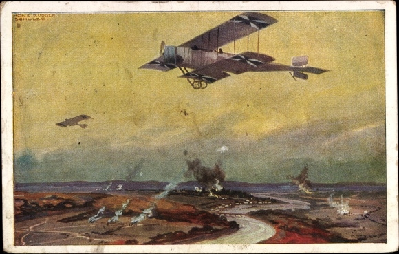 Artist PC Schulze, Hans Rudolf, military biplane on reconnaissance flight on the Marne, I. WW