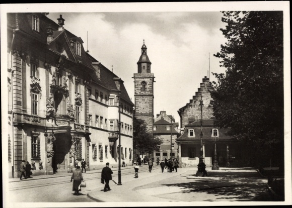 Postcard Erfurt in Thuringia, urban architecture, clock tower, pedestrians, buildings