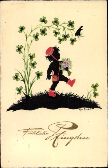 Paper cut artist PC congratulations Pentecost, child with flowers, lucky clover