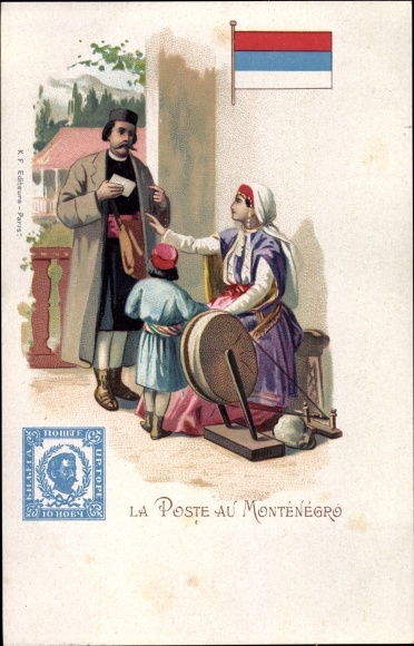 Stamps Chromo-Litho Montenegro, La Poste au Montenegro, Postman, spinning wheel, woman in costume