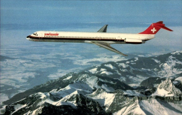 Postcard passenger aircraft McDonnel Douglas DC-9-81, Swissair