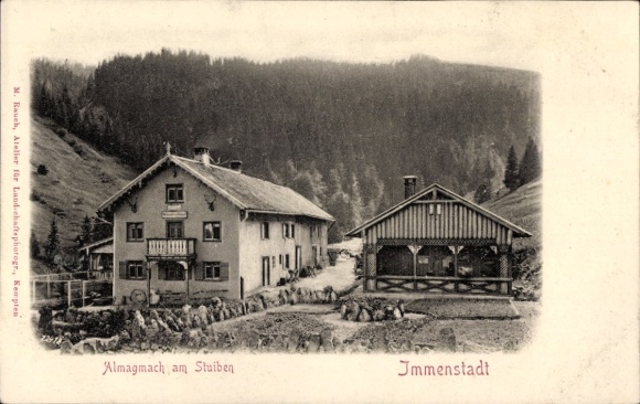 Postcard Immenstadt im Allgäu Swabia, farmhouse, alpine pasture, mountains in the background