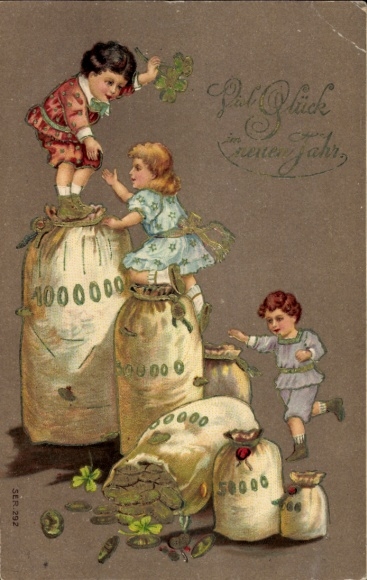 Präge Ak Glückwunsch Neujahr, Kinder, Geldsack, Glücksklee
