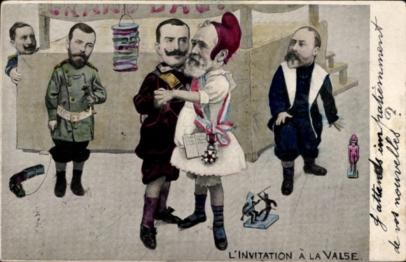 Postcard Invitation to the Waltz, Emile Loubet, Victor Emmanuel III, Edward VII, Tsar Nicholas II, Emperor