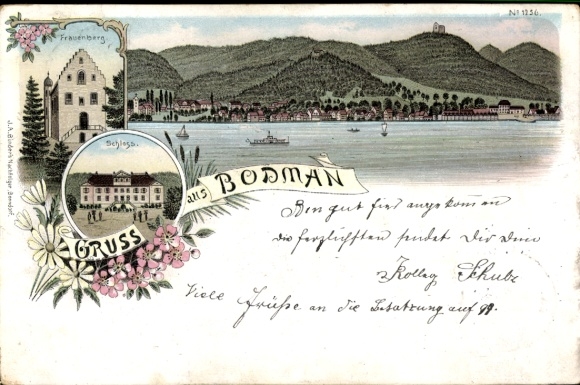 litho Bodman Ludwigshafen am Bodensee, algemeen beeld, kasteel, Frauenberg