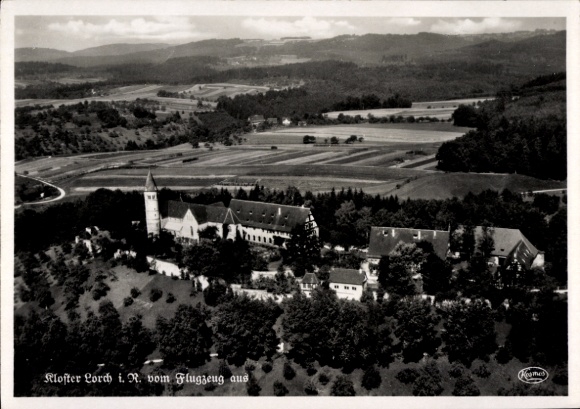 Postcard Lorch in Rheingau Hesse, aerial view of Klofter landscape, architecture