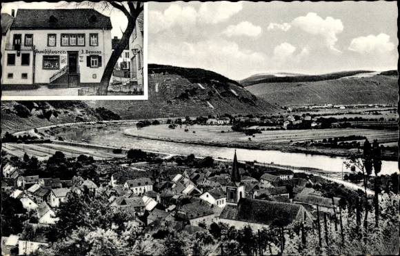 Postcard Ensch on the Moselle, view of wine village, houses, church, Moselle, mountain landscape, nmotiv