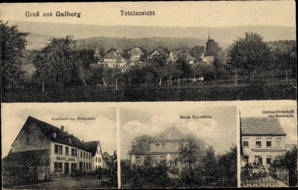 Postcard Gaiberg near Heidelberg, new school building, inn at Germania, garden restaurant