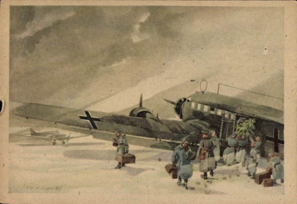 Künstler Ak Brauner, Dt. Luftwaffe, Junkers Ju 52 3/m Transportflugzeug, Weihnachtsgaben, Russland