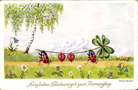 Artist Postcard Schulz-Kabbe, congratulations name day, clover, ladybug