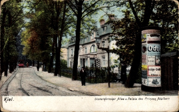 Ak Kiel in Schleswig Holstein, Düsternbrooker Allee und Palais des Prinzen Adalbert, Litfaßsäule