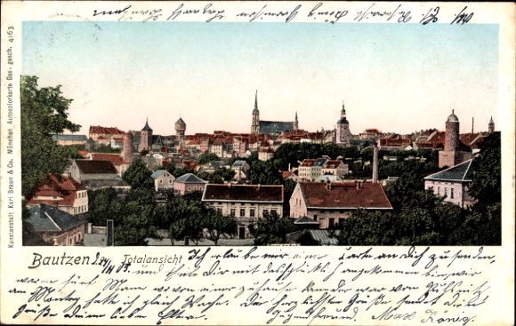 Ak Bautzen in Oberlausitz, uitzicht op de vallei, uitzicht op de stad, gebouwen,