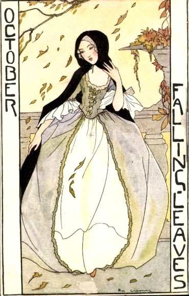 Artysta KP Cramer, Rie, październik, alegoria, kolorowe liście, młoda kobieta