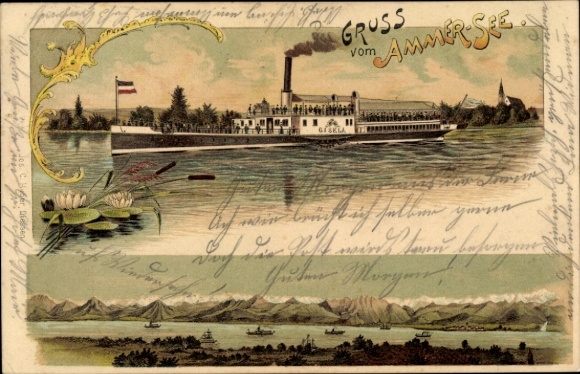 Chromo-Litho salon steamer Gisela on Lake Ammersee