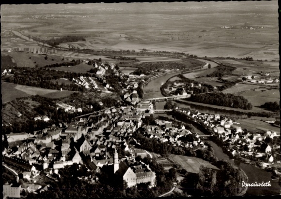 Postcard Donauwörth in Swabia Bavaria, aerial view of river, landscape, buildings