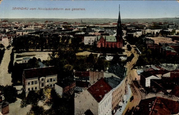 Postcard Berlin Spandau, aerial view of Nicolaikirche, city view, parks