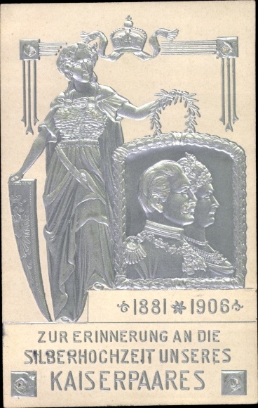 Präge Litho Kaiser Wilhelm II., Kaiserin Auguste Viktoria, Silberhochzeit 1906, Portrait