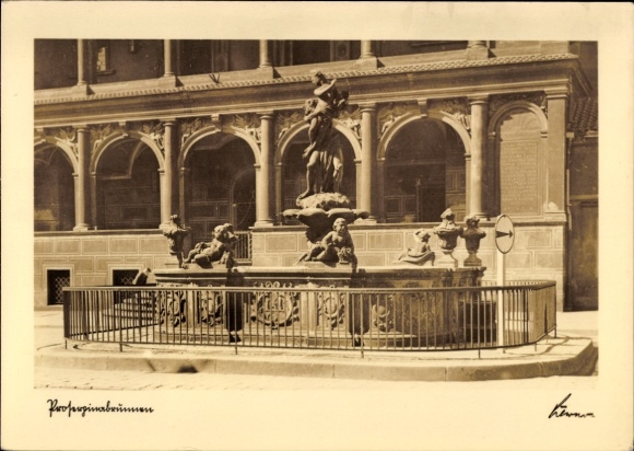 Ak Poznań Posen, Brunnen mit Figuren, Architektur, schwarz-weiß Fotografie