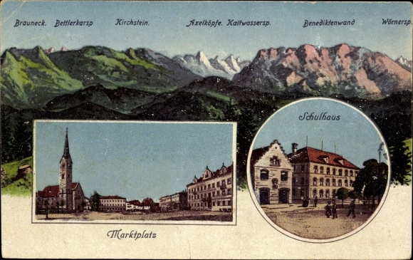 Postcard Holzkirchen in the Miesbach district of Upper Bavaria, school building, market square, Benediktenwand, Kirchstein