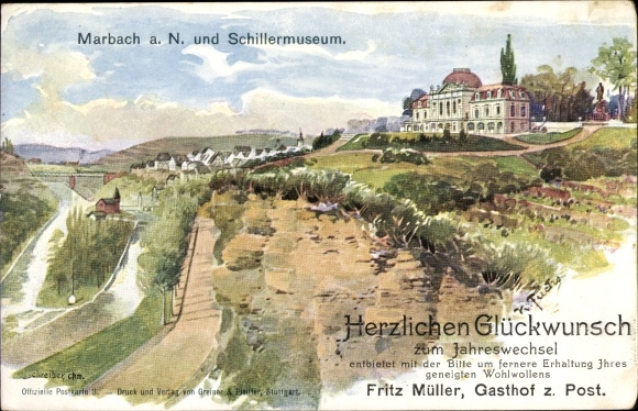 Künstler Ak Fuchs, Karl, Marbach am Neckar, Blick auf das Schillermuseum
