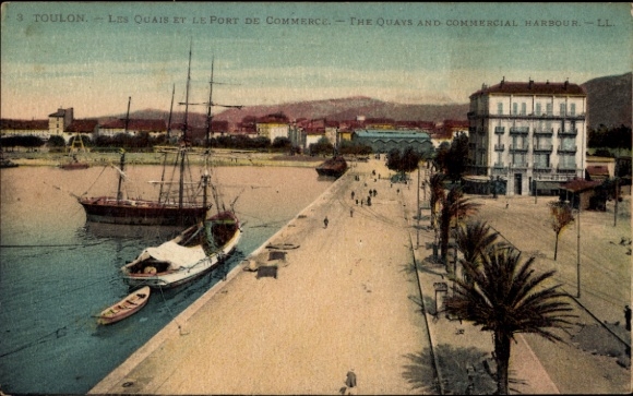 Postcard Toulon Var, harbor view, sailboats, palm-lined promenade, buildings