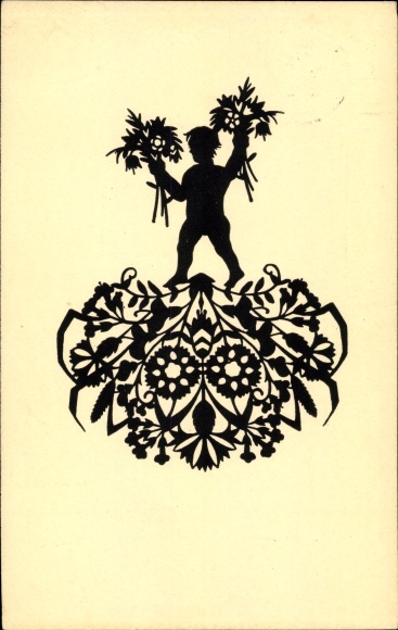 Paper cut Postcard Schwindt, AM, man with flowers
