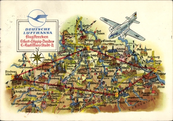 Postcard Deutsche Lufthansa, flight routes Erfurt Leipzig Dresden Karl Marx Stadt