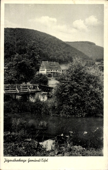 Postcard Gemünd Schleiden in the Eifel, youth hostel, river, wooden bridge