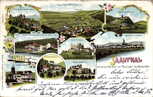 Chromo-Litho The Saale valley from Kissingen to Gemünden, ruins, Hammelburg, Trimburg