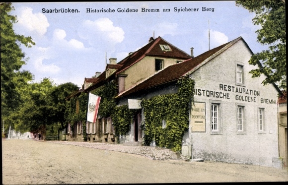 Postcard Saarbrücken, restoration of the historic Goldene Bremm on the Spicherer Berg, Spichern, Spicheren