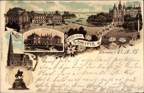 Litho Schwerin in Mecklenburg, Theater, Museum, Domkirche, Bahnhof, Schloss, Denkmal