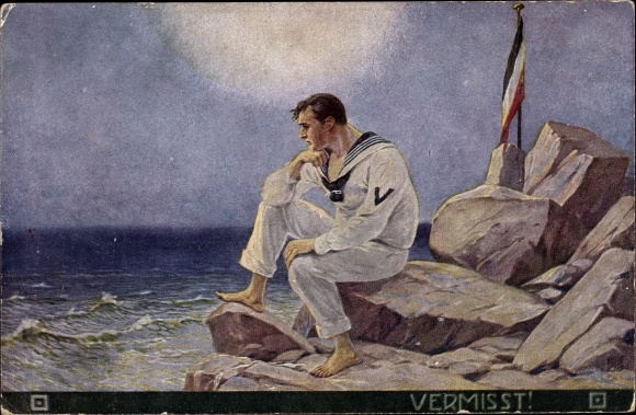 Artist Postcard Vermisst, shipwrecked German sailor on a rock by the sea