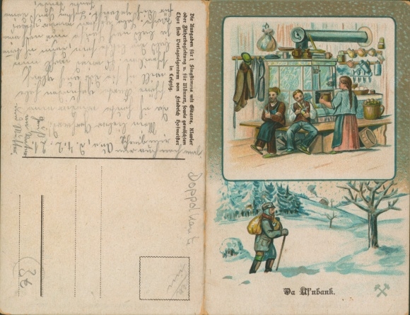 Klapp song Postcard Günther, Anton, Erzgebirge dialect No. 9, Da Uf&#39;nbank