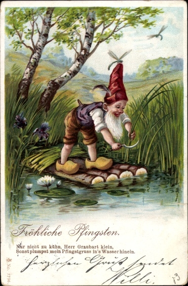Chromo-Litho congratulations Pentecost, dwarf with sickle, dragonfly, water lily, wooden shoes