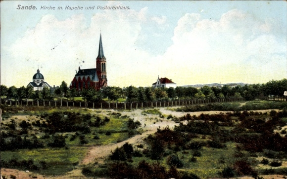 Postcard Sande in Friesland, church with chapel and pastor's house